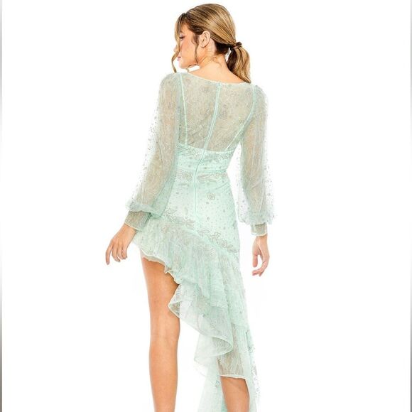 Mac Duggal 50744  V Neck Empire Sleeve High Low Dress Asymmetrical Ruffles - Picture 2 of 5